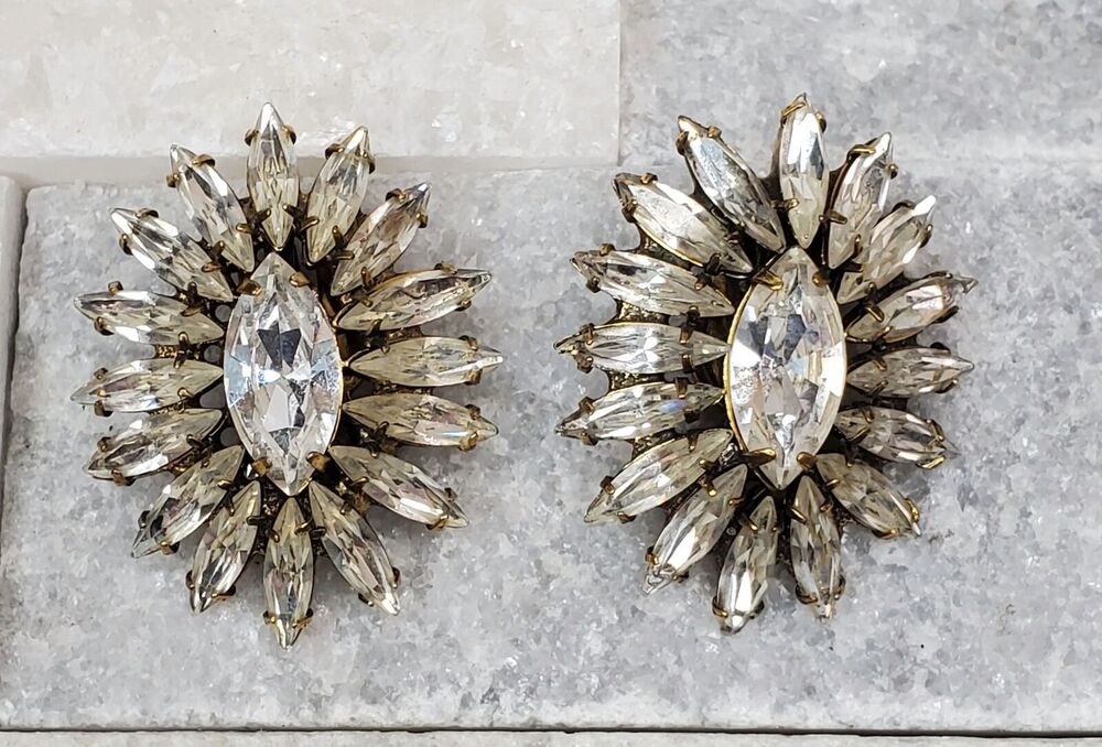Vintage Robert Starburst Marquise Cut Rhinestone Clip Earrings